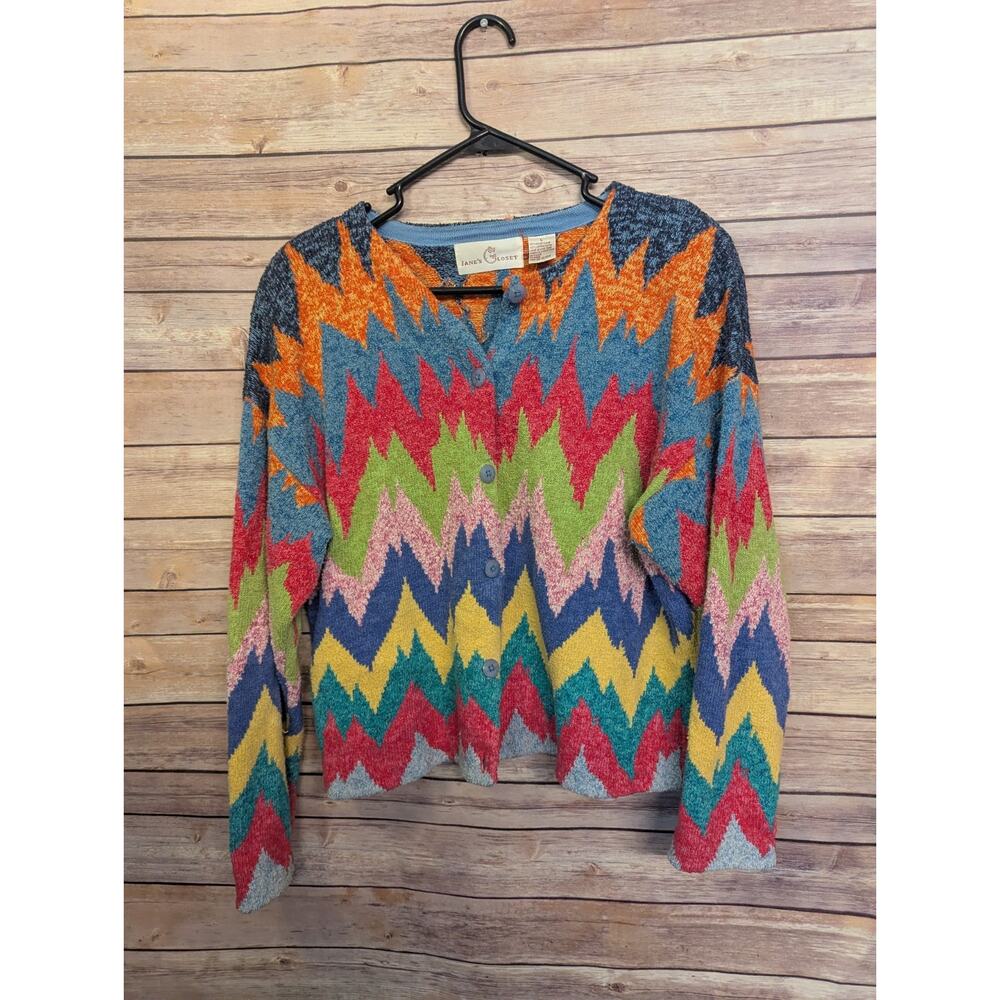 Vintage Jane's Closet Zig Zag Multicolor Buttons Cardigan Sweater Ramie Cotton L